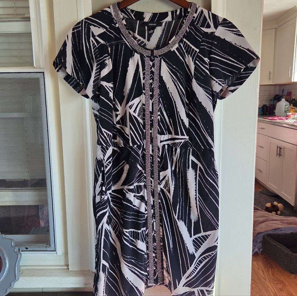 Alfani Black & Cream Beaded Zip Front Shirt Dress Size 4 Pockets Workwear Chic